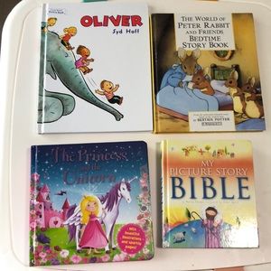 4 children’s books bundled. Peter rabbit, princes and unicorn, Oliver&bible